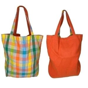 Sunbrella Fabric Tote Bag Reversible Plaid to Solid